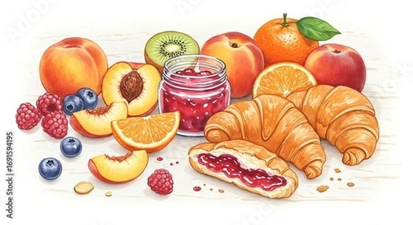 Fototapeta Vibrant watercolor illustration of a delicious breakfast spread featuring fresh fruits like peaches, oranges, kiwi, raspberries, blueberries, and golden croissants with jam.