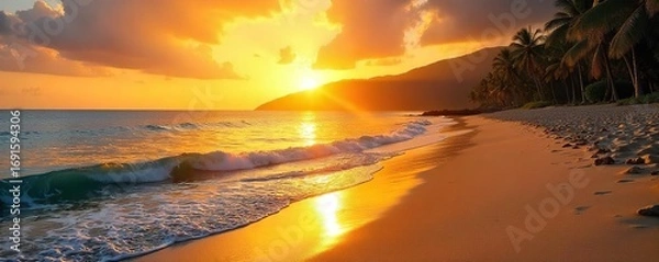 Fototapeta Golden sunset casts a warm glow on pristine Costa Rican beaches, calm waves lapping gently against the shore Perfect for travel and vacation imagery , sky, coast