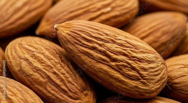 Fototapeta Close-up macro shot of raw almonds, highlighting their natural texture and warm brown tones. Perfect for healthy eating, baking, and snack concepts.