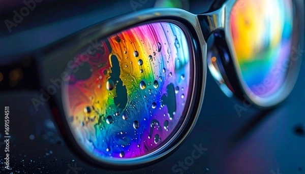 Fototapeta A Kaleidoscope of Color-Drops on Lenses - Intricate Macro Detail of Vibrant Reflections on Eyewear Surface