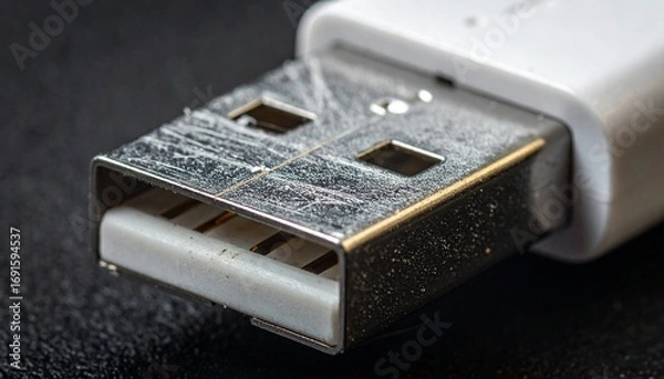 Fototapeta Close-up macro detail of a worn USB-A connector, highlighting the intricate pin layout and metallic housing – essential for modern data transfer and device connectivity