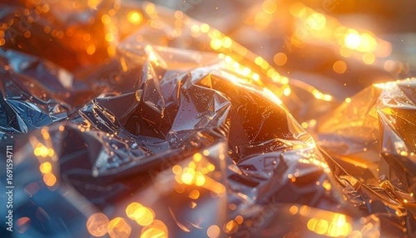 Fototapeta Intricate macro view of a dark, alien surface with jagged textures and abstract forms, illuminated by scattered, warm glowing lights, creating an ethereal, energetic futuristic landscape