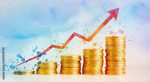 Fototapeta Financial growth concept with increasing coin stacks and a rising arrow on a colorful watercolor backdrop, symbolizing investment success and economic progress.