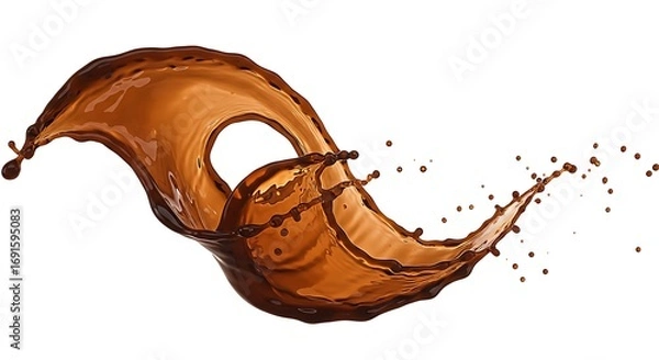 Fototapeta Energetic splash of rich brown liquid, resembling coffee, tea, or cola, forming an abstract wave with scattering droplets against a clean white background.