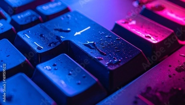 Fototapeta Close-up of a wet computer keyboard illuminated by vibrant blue and pink neon lights, creating a futuristic and atmospheric high-tech aesthetic