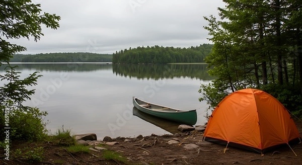 Fototapeta An orange tent and green canoe by a calm lake, surrounded by lush forest under an overcast sky. Perfect for wilderness adventures, camping, and tranquil outdoor escapes.