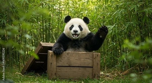 Fototapeta Adorable giant panda peeking out and waving from a wooden box in a lush bamboo forest, offering a friendly greeting.