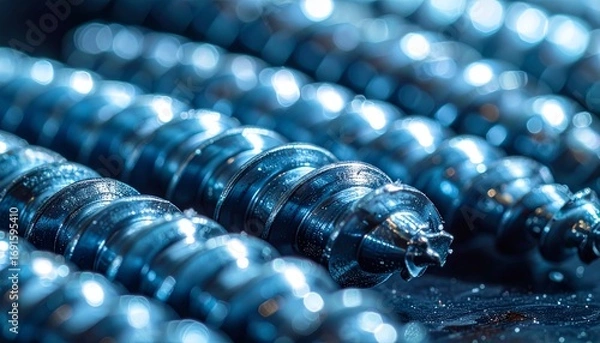 Fototapeta Detailed array of metallic drill-bits, showcasing their sharp, spiraling flutes and the intricate craftsmanship of industrial tools – a close-up perspective