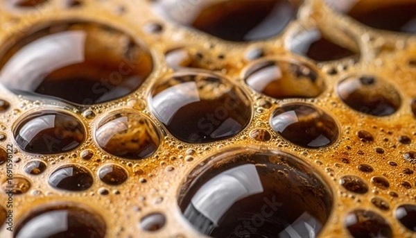 Fototapeta Ultra close-up-view of rich, dark coffee foam bubbles on a freshly brewed espresso surface, showcasing intricate patterns and textures with captivating reflections