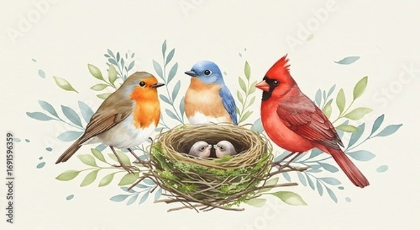 Fototapeta Charming watercolor art featuring a robin, bluebird, and cardinal gathered around a nest with two baby birds, surrounded by delicate green foliage.