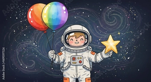 Fototapeta A whimsical cartoon astronaut floats in a starry cosmic space, holding vibrant rainbow balloons and a golden star, perfect for children's dreams and imagination.