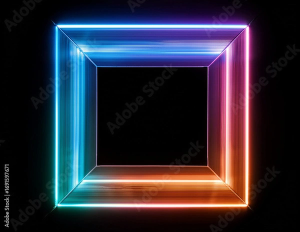 Fototapeta Vibrant neon square grame frame on black background. Royalty high-quality free best stock of a glowing neon light rectangle illuminated, abstract technology and futuristic blank design element