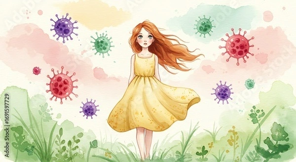 Fototapeta A watercolor illustration of a young girl in a yellow dress standing in a grassy field, surrounded by colorful virus particles, symbolizing health, hope, and resilience.