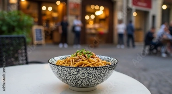 Fototapeta Appetizing Asian Noodles in Patterned Bowl, Street Cafe Setting, Bokeh Lights