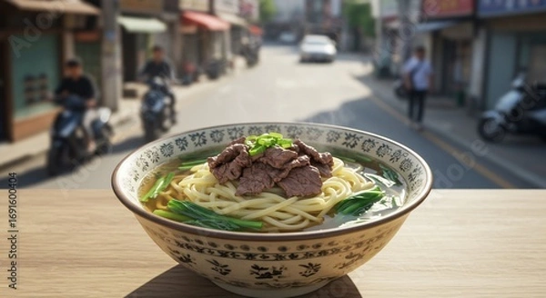 Fototapeta Authentic Beef Noodle Soup in Ornate Bowl, Street Scene Backdrop