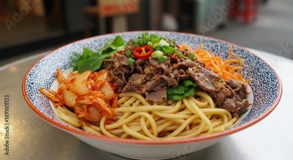 Fototapeta Korean Beef Noodle Bowl with Kimchi, Carrots, and Scallions in Patterned Bowl