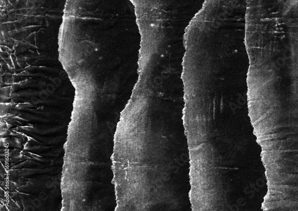Fototapeta Black and white grunge torn paper texture. Abstract wrinkled vintage dark paper with distressed lines.