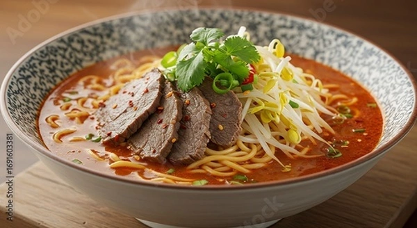 Fototapeta Steaming Bowl of Spicy Beef Ramen with Bean Sprouts and Cilantro
