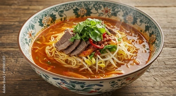 Fototapeta Steaming Bowl of Asian Noodle Soup with Beef and Fresh Herbs on Rustic Wood