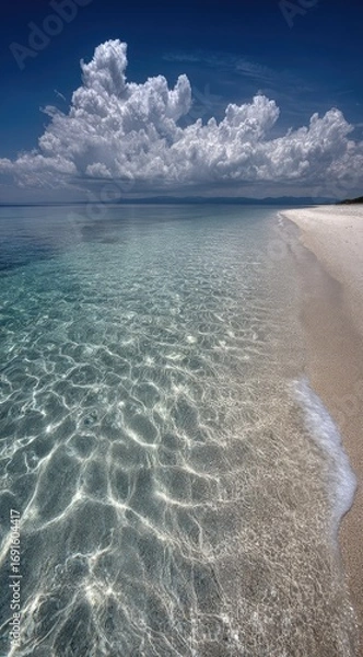 Fototapeta Serene beach scene showcasing crystal clear water rippling onto the white sandy shore under a bright blue sky with puffy white clouds
