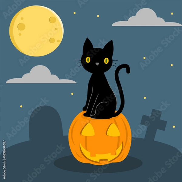 Fototapeta Halloween illustration of a black cat sitting on a pumpkin under the full moon. Spooky night scene with graveyard background.