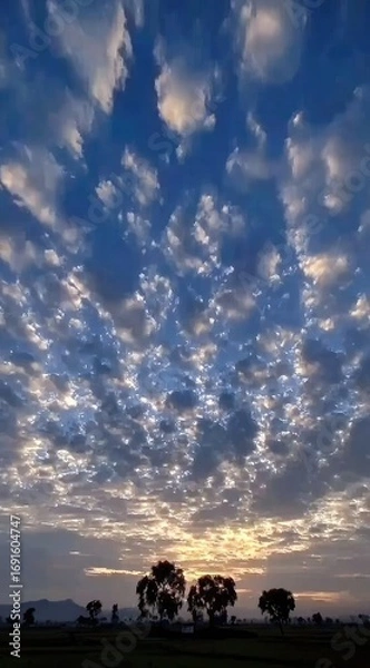Fototapeta A breathtaking skyscape filled with fluffy, cotton-like clouds at dusk, casting a warm glow over silhouetted trees and a distant, low-lying landscape