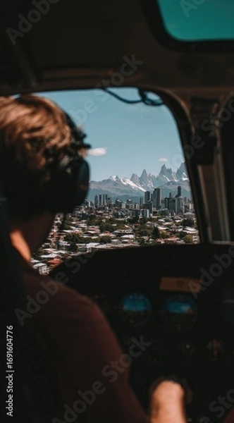 Obraz Pilot's perspective skyline view. Foreground shows cockpit details, focusing on a city surrounded by mountains visible through the windshield