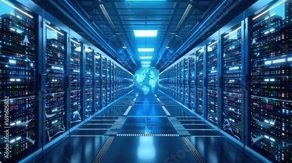 Fototapeta Futuristic Data Center with Server Racks and Digital Globe in Blue Lighting