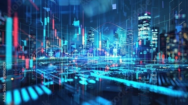 Fototapeta Futuristic Digital Cityscape with Bright Blue and Red Data Visualizations