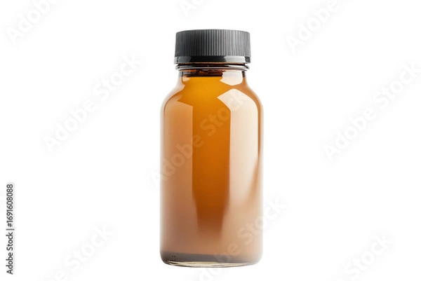 Fototapeta Amber glass bottle with a black cap, filled with a beverage, isolated on white background.