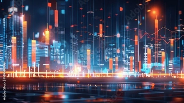 Fototapeta Futuristic Digital Cityscape with Glowing Data Charts and Neon Lights