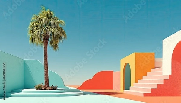 Fototapeta Vibrant, colorful, 3D scene with palm tree and abstract shapes