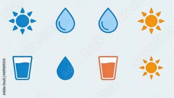 Fototapeta Icons representing sun, water drops, and glasses, illustrating themes of hydration and health.