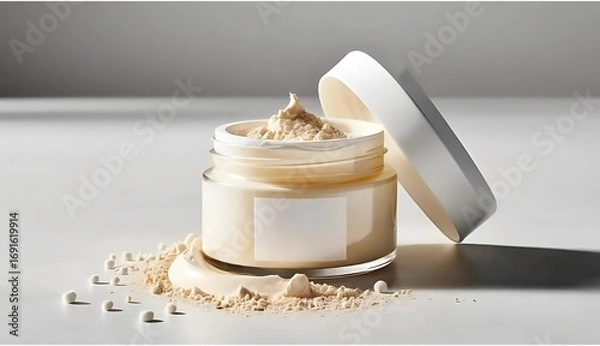 Fototapeta Minimalist Skincare Product Display with Open Jar and Powder Accents