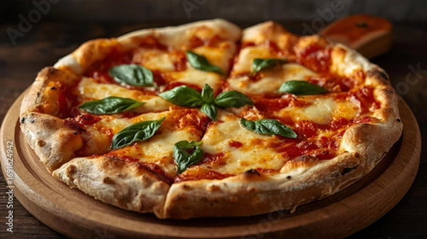 Fototapeta Pizza with salami and cheese on a wooden board
