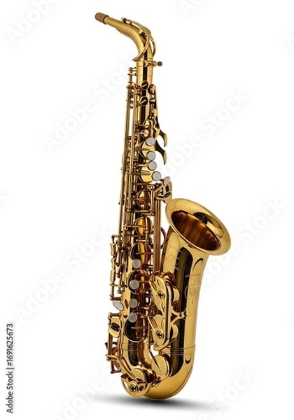 Fototapeta Polished gold saxophone, showcasing intricate details and a gleaming finish.