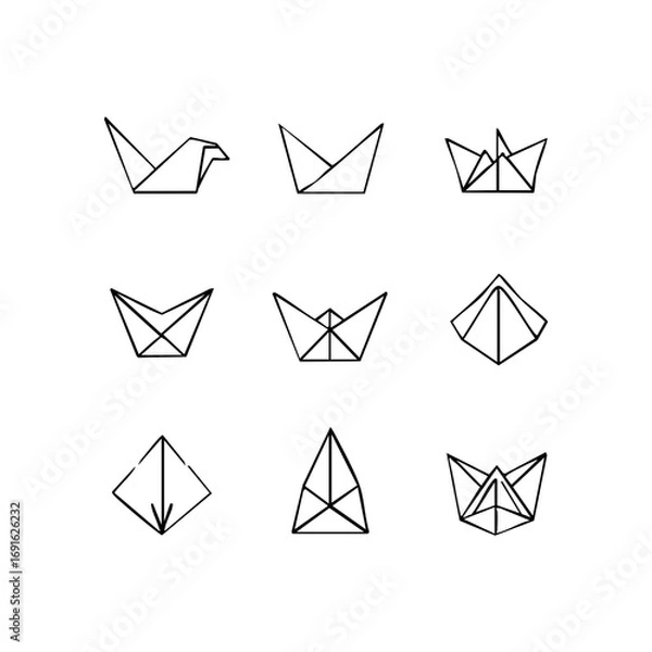 Fototapeta Set of Origami Line Icons with Paper Boat, Bird, and Geometric Shapes
