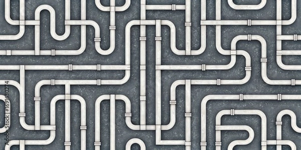 Fototapeta Intricate network of white industrial pipes and conduits forming a complex maze pattern on a dark textured background