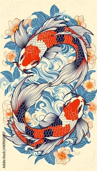 Fototapeta Eternal Flow - Koi Harmony in Japanese Vector Elegance