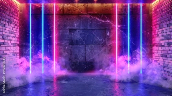 Fototapeta Futuristic Neon Light Wall with Pink and Blue Vertical Lights and Fog Effect
