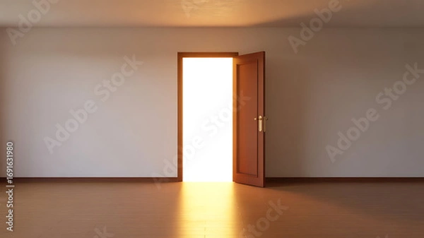 Fototapeta Every ending is just a new beginning waiting to happen. This open door symbolizes the start of a new journey, a world of possibilities and fresh adventures. Step through the light and embrace