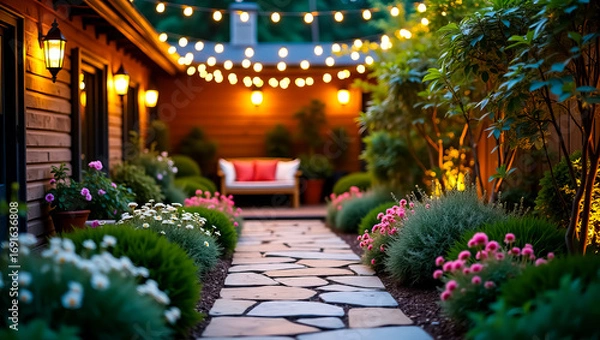 Fototapeta Charming backyard walkway lined with lush blooming flowers and illuminated by warm string lights creating a magical evening ambiance perfect for relaxation