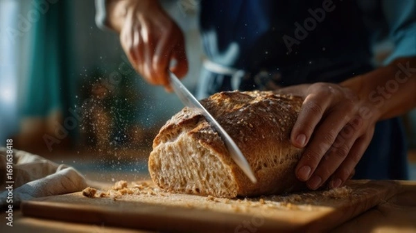 Fototapeta Close-up shot of hands slicing fresh bread with a knife, capturing the aroma and texture of the bread 