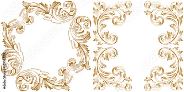 Fototapeta Set of vintage border frame engraving with retro ornament pattern in antique baroque style decorative design. Vector