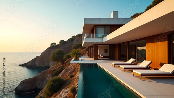 Fototapeta Luxurious modern villa with infinity pool overlooking the ocean cliffside at sunset offering breathtaking views and elegant outdoor seating for relaxation