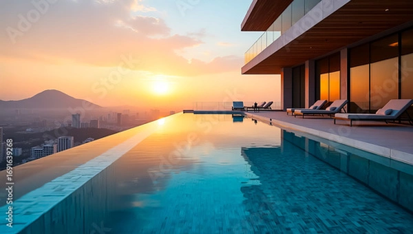 Fototapeta A luxurious infinity pool overlooking a sprawling city skyline at sunset with lounge chairs and modern architecture creating a serene upscale vacation retreat