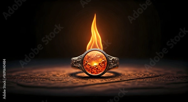Fototapeta Ornate Ring with Fiery Gemstone and Flames, Mystical and Powerful Object, Dark Background