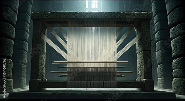 Fototapeta Ancient Stone Loom with Taut Threads Bathed in Light, Evoking Craftsmanship and Mystery