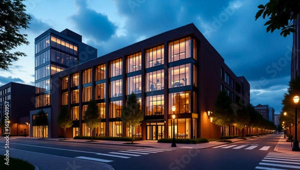 Fototapeta A modern corporate building illuminated at dusk with office lights glowing warmly visible through large windows on a tree-lined street