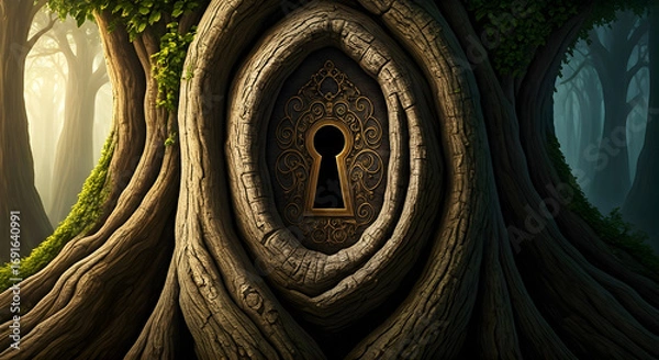 Fototapeta Enchanted Forest Keyhole in Ancient Tree Trunk with Ornate Metal Detail